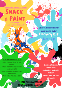 Learning Paths Academy at Belmont invites you to a community Snack & Paint event on February 21st at 11am